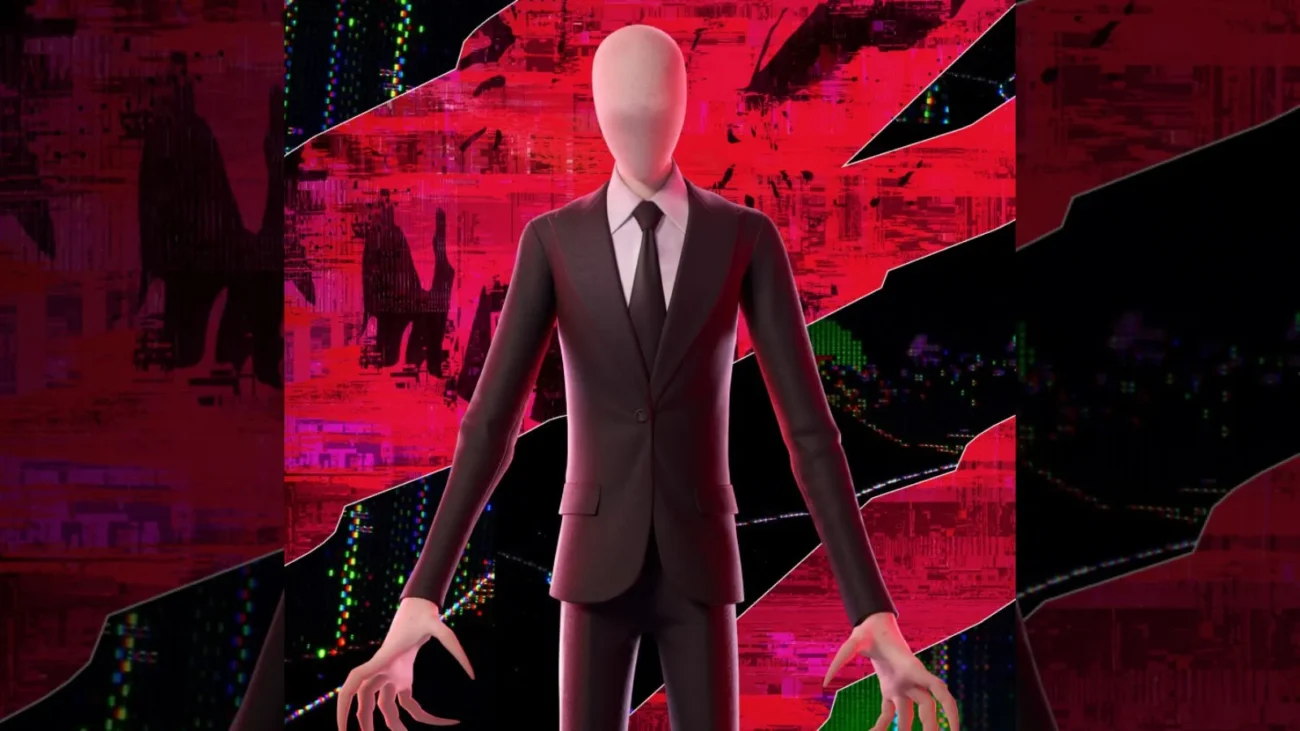 Fortnite Slender Man outfit in a black suit and tie against a red glitch background