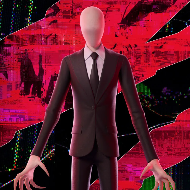 Official Slender Man Cup poster from the Fortnite Compete tab, showing the Slender Man outfit in a black suit against a red glitch background
