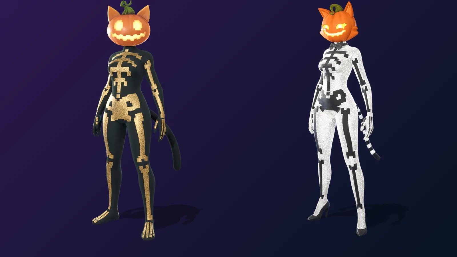 Fortnite Spice outfit in black and gold beside the white Sugar outfit, both with pumpkin cat heads