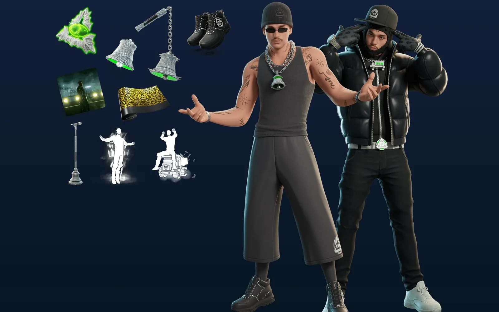Fortnite Yeat Bundle showing the Yeat and Twizz outfits with the Bell Flail, The Bell, Nike kicks, wrap, microphone and emotes