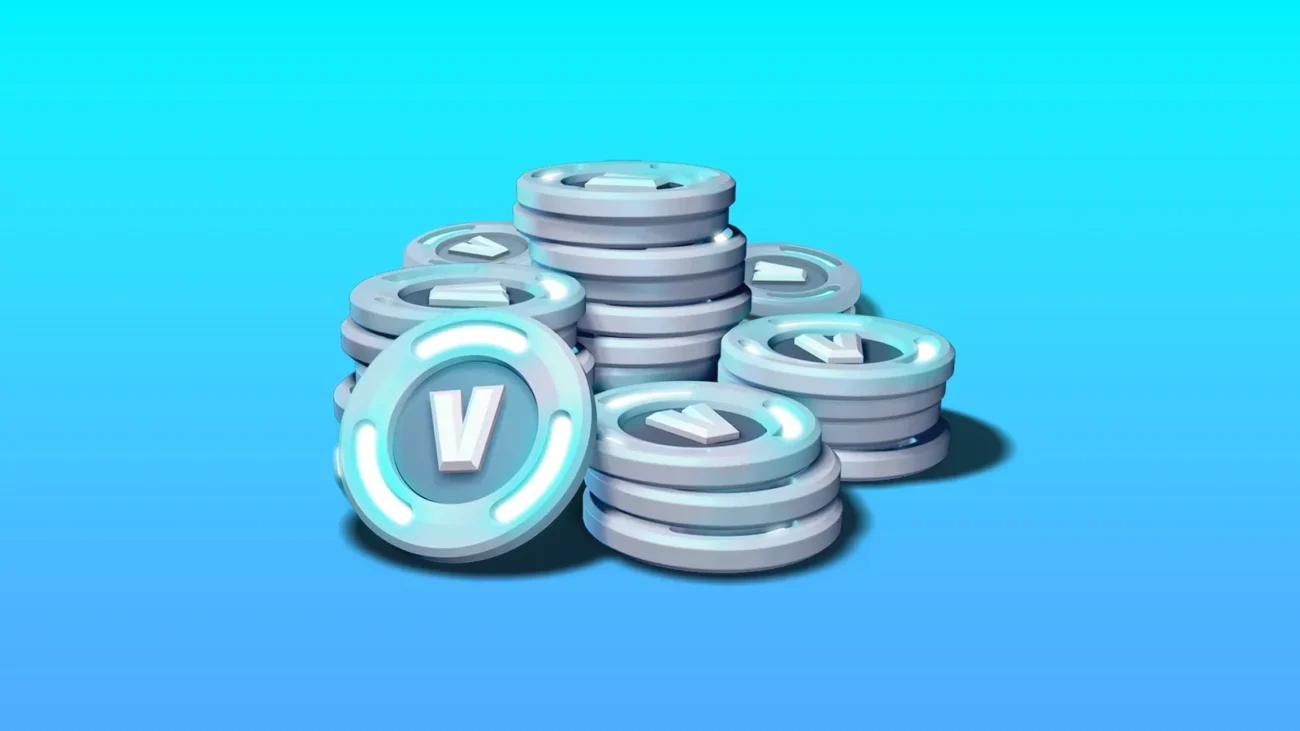 A pile of Fortnite V-Bucks coins on a blue background