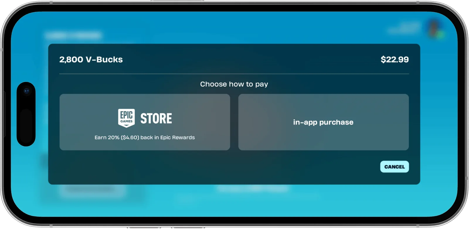 Fortnite mobile checkout screen offering two ways to pay for a V-Bucks pack: Epic Games Store with 20 percent back in Epic Rewards, or in-app purchase