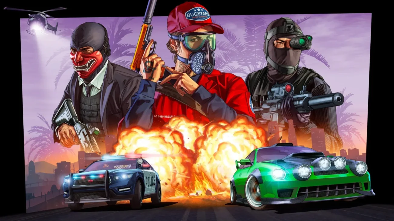 GTA Online key art: three masked criminals with guns behind an explosion, a police car and a green rally car