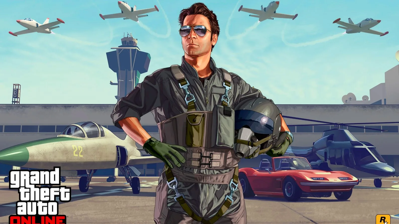 San Andreas Flight School artwork: a pilot in a flight suit holding a helmet, with a jet, a helicopter and a red sports car behind him