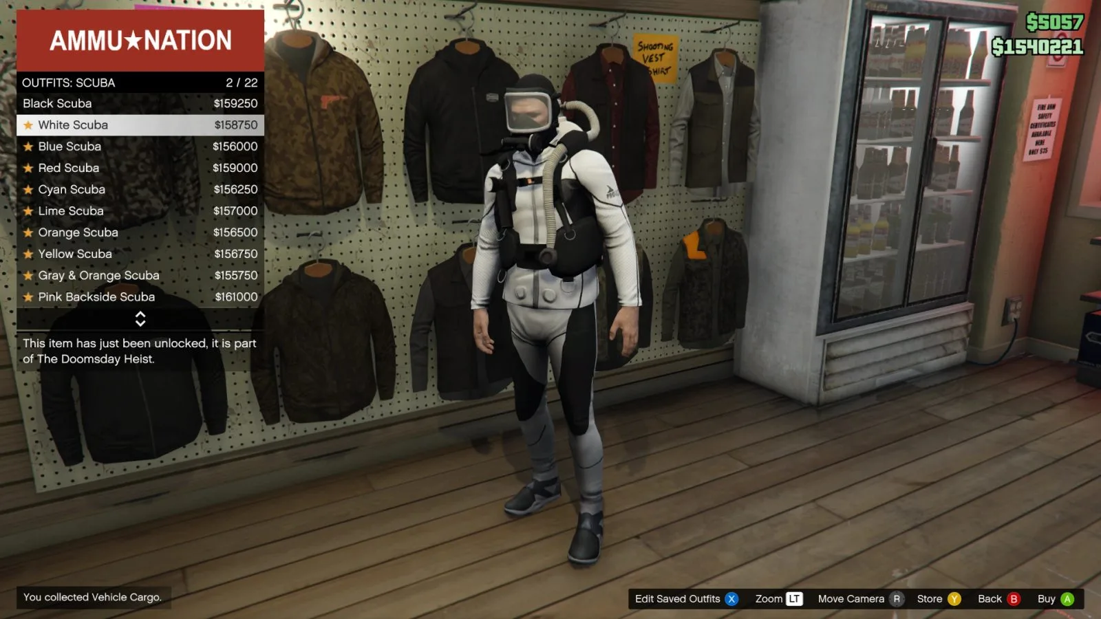 Ammu-Nation outfit menu in GTA Online showing the White Scuba suit on a character