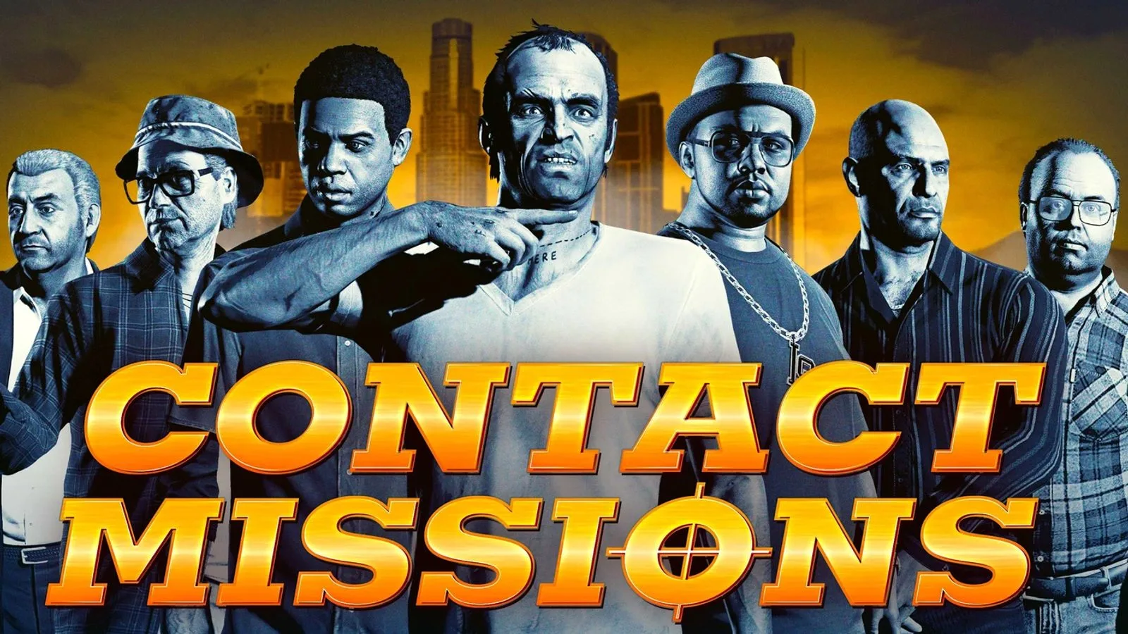 GTA Online Contact Missions artwork showing the mission contacts, including Trevor, Lamar, Simeon and Lester, in front of the Los Santos skyline