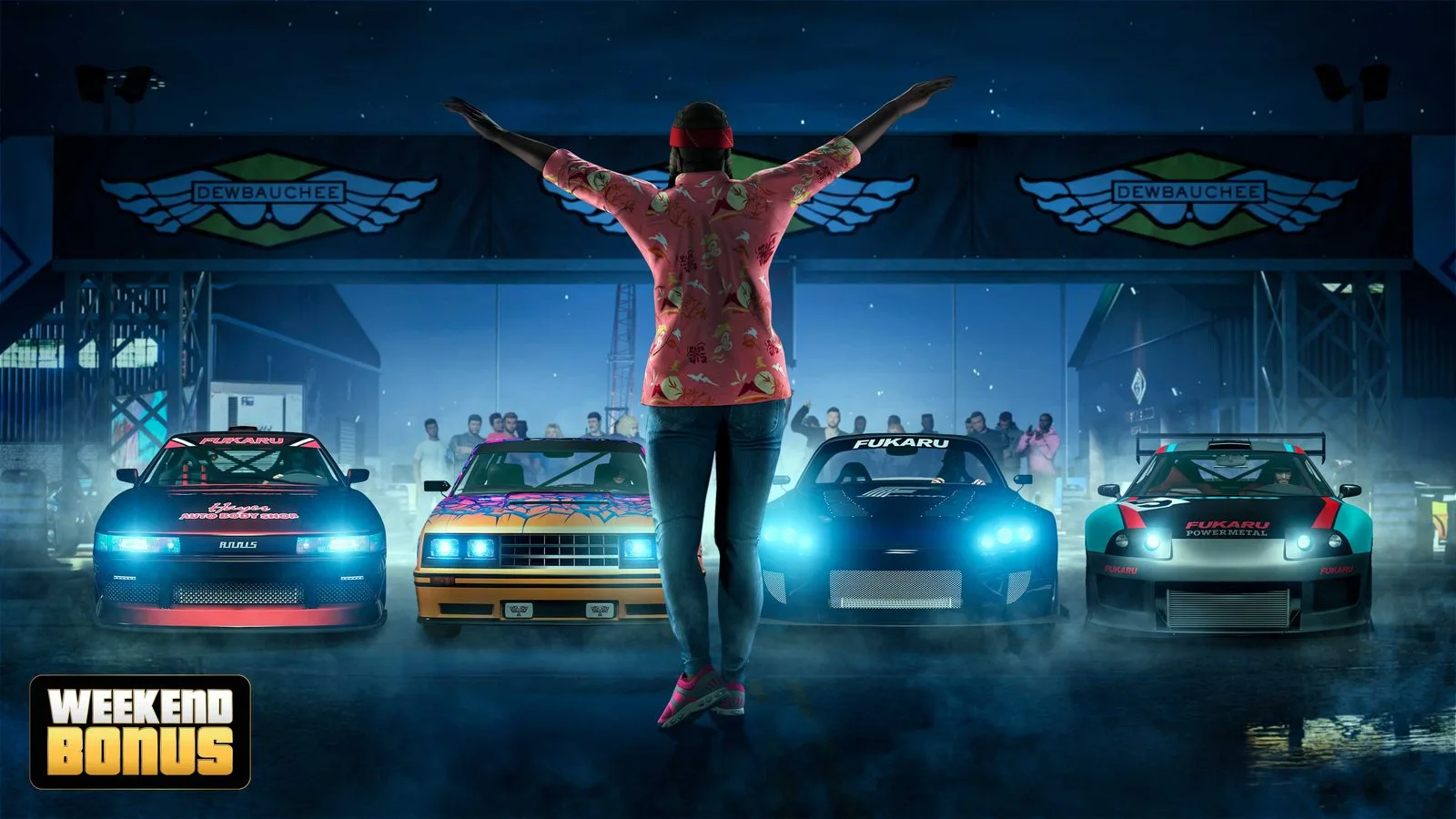A GTA Online character with arms spread in front of four cars lined up under a race start banner