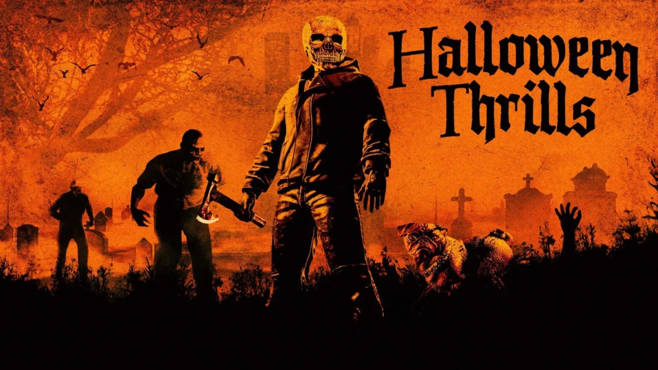 Rockstar Games Halloween Thrills artwork for GTA Online: a skull-masked figure with an axe in a graveyard with zombies