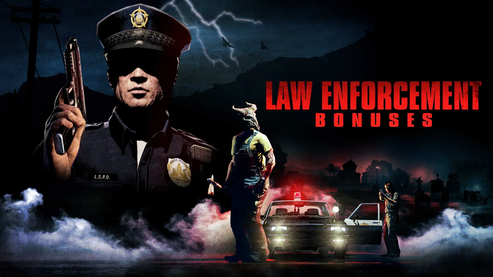 Rockstar's Law Enforcement Bonuses poster: a police officer in fog aiming a handgun at a figure in a horned skull mask holding a hatchet