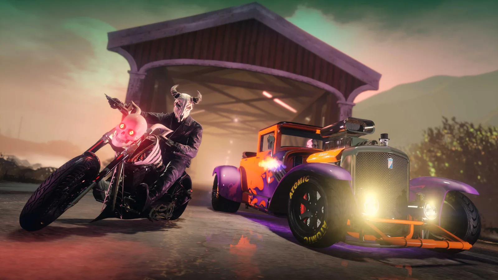 Two GTA Online characters driving the LCC Sanctus motorcycle and the Albany Franken Stange