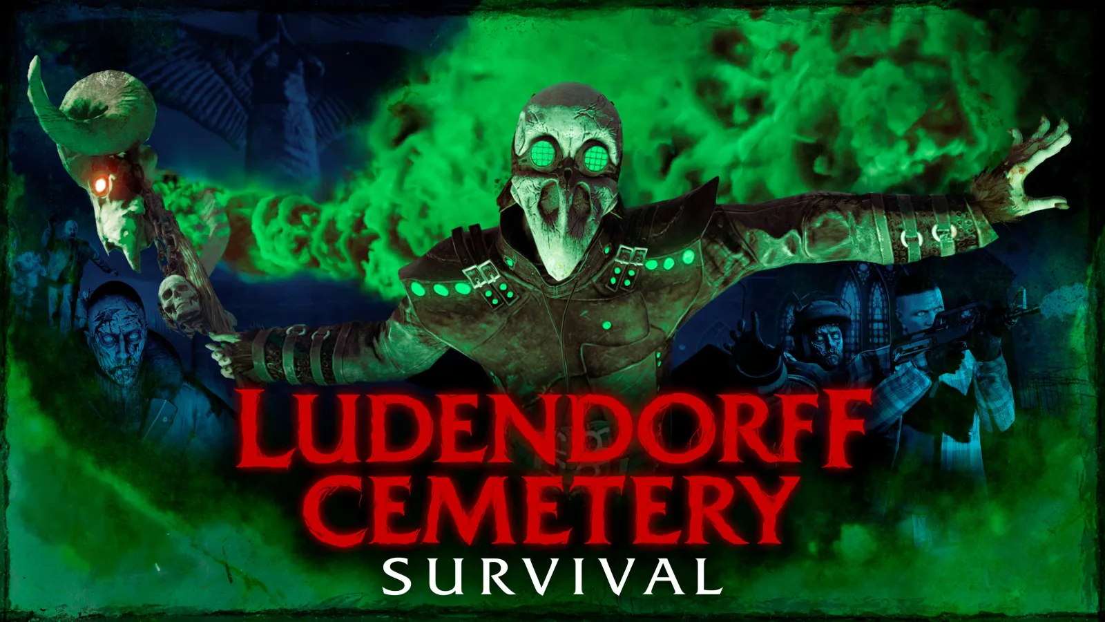 Rockstar's Ludendorff Cemetery Survival poster: a humanoid monster with a white skull face and green goggles