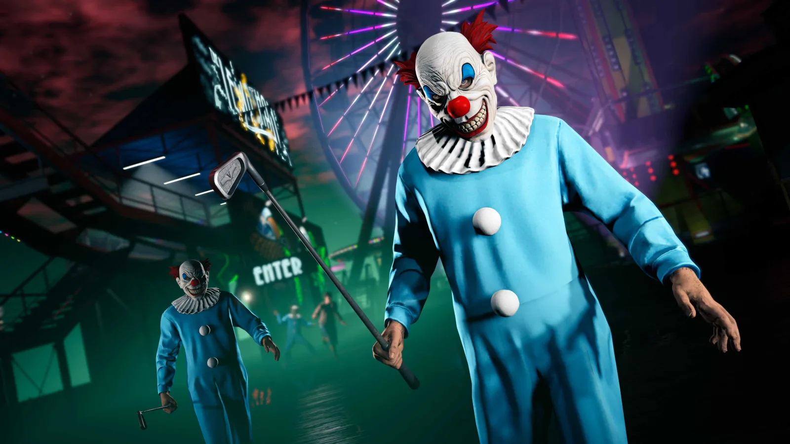 GTA Online characters wearing the Slasher Clown Outfit at Del Perro Pier