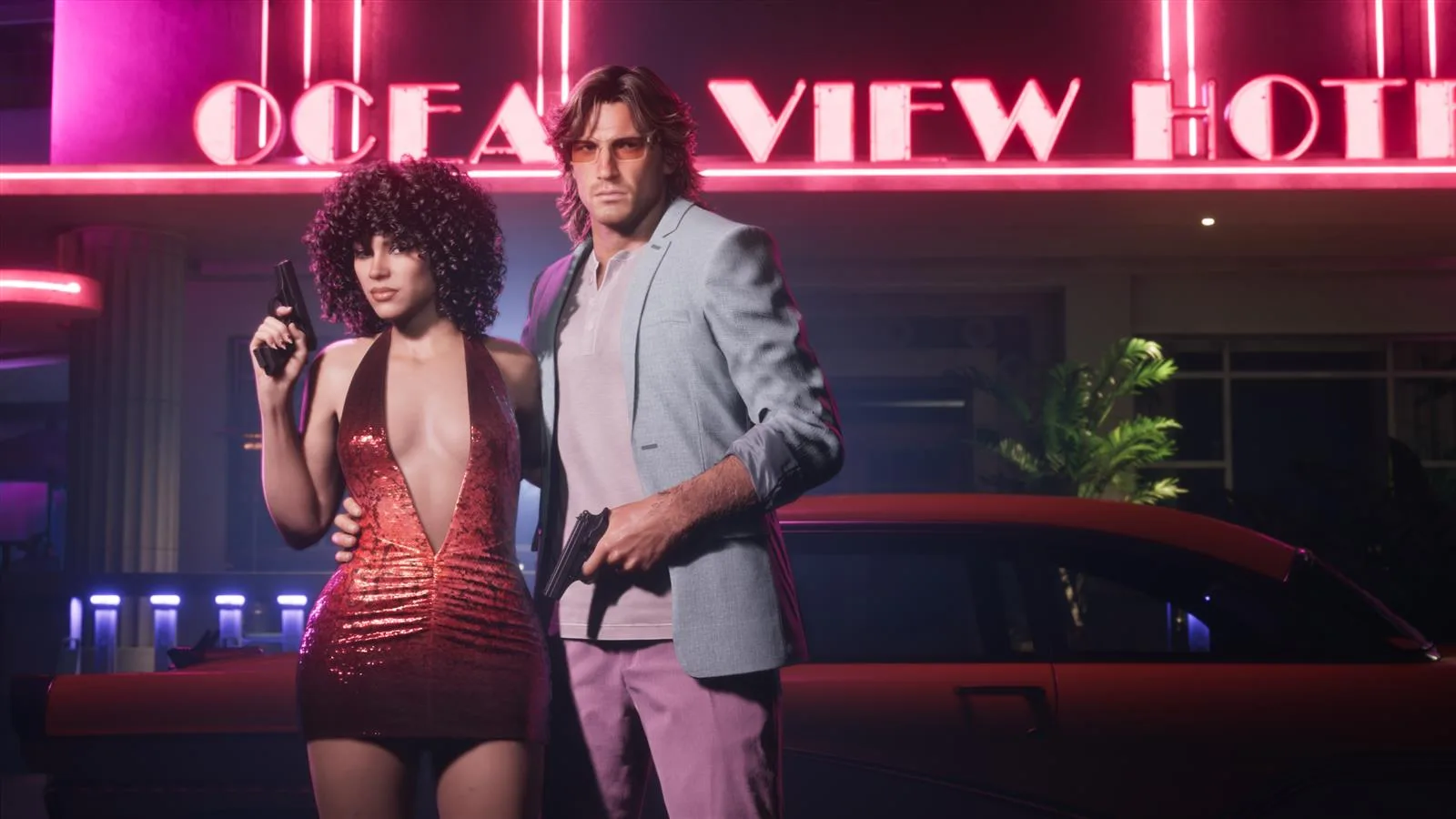 Jason and Lucia in 1980s Vice City outfits outside the Ocean View Hotel, from the Vintage Vice City Pack artwork