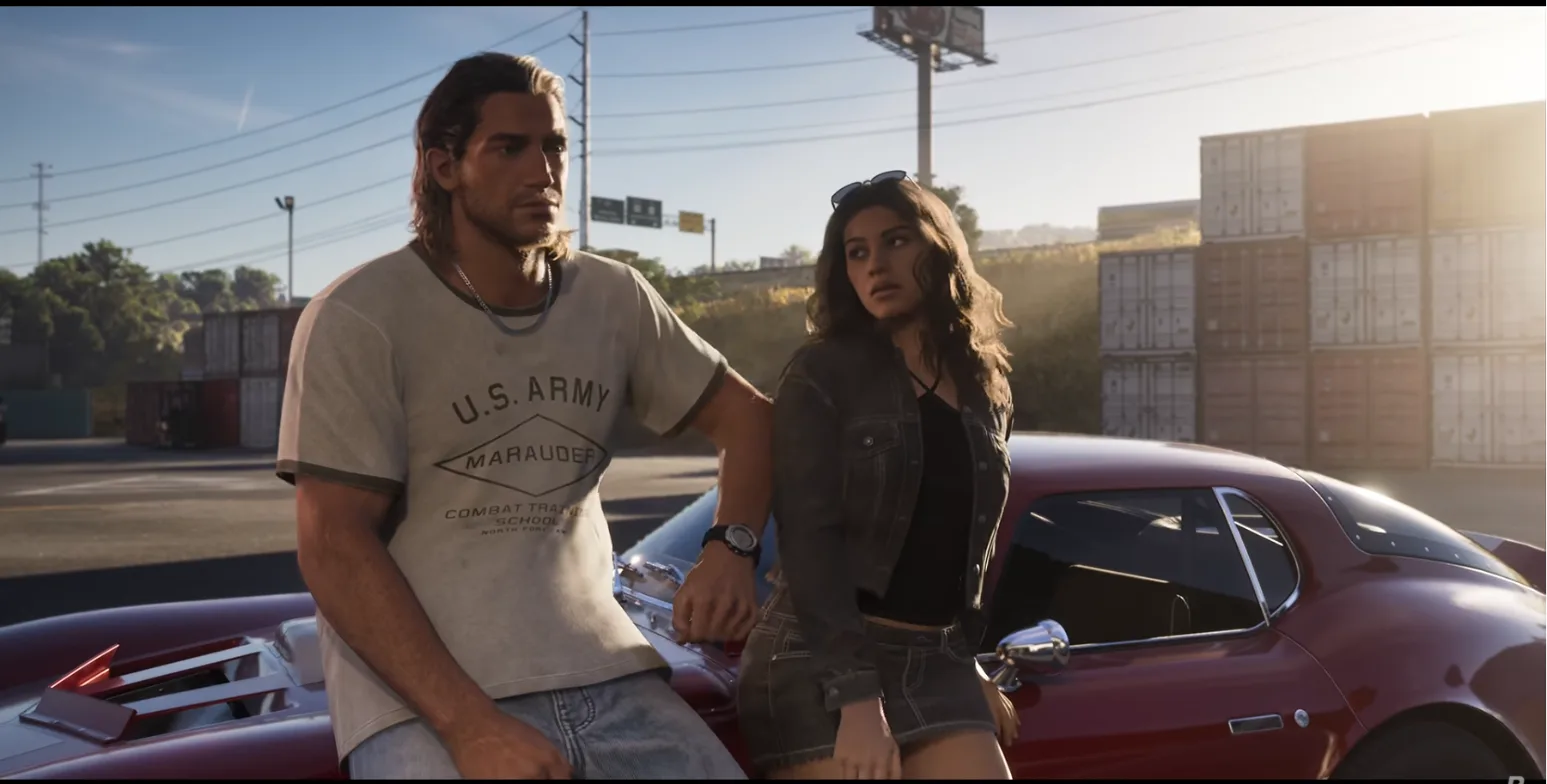Jason in a U.S. Army Marauder T-shirt and Lucia in a denim jacket lean on a red sports car beside stacked shipping containers