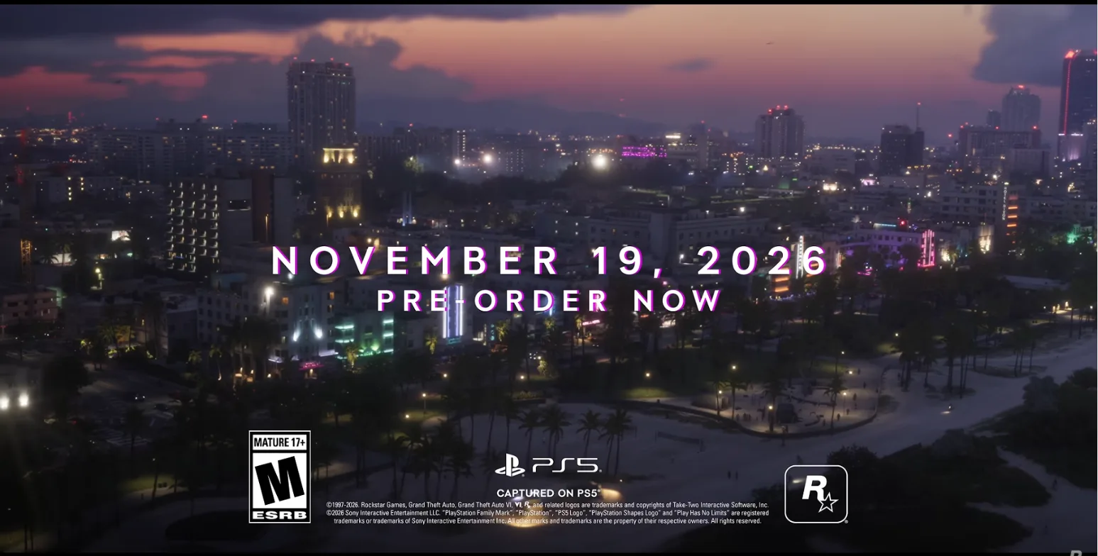 End card over Vice City at dusk reading November 19, 2026, Pre-order now, with an ESRB Mature 17+ rating and a PS5 logo marked Captured on PS5