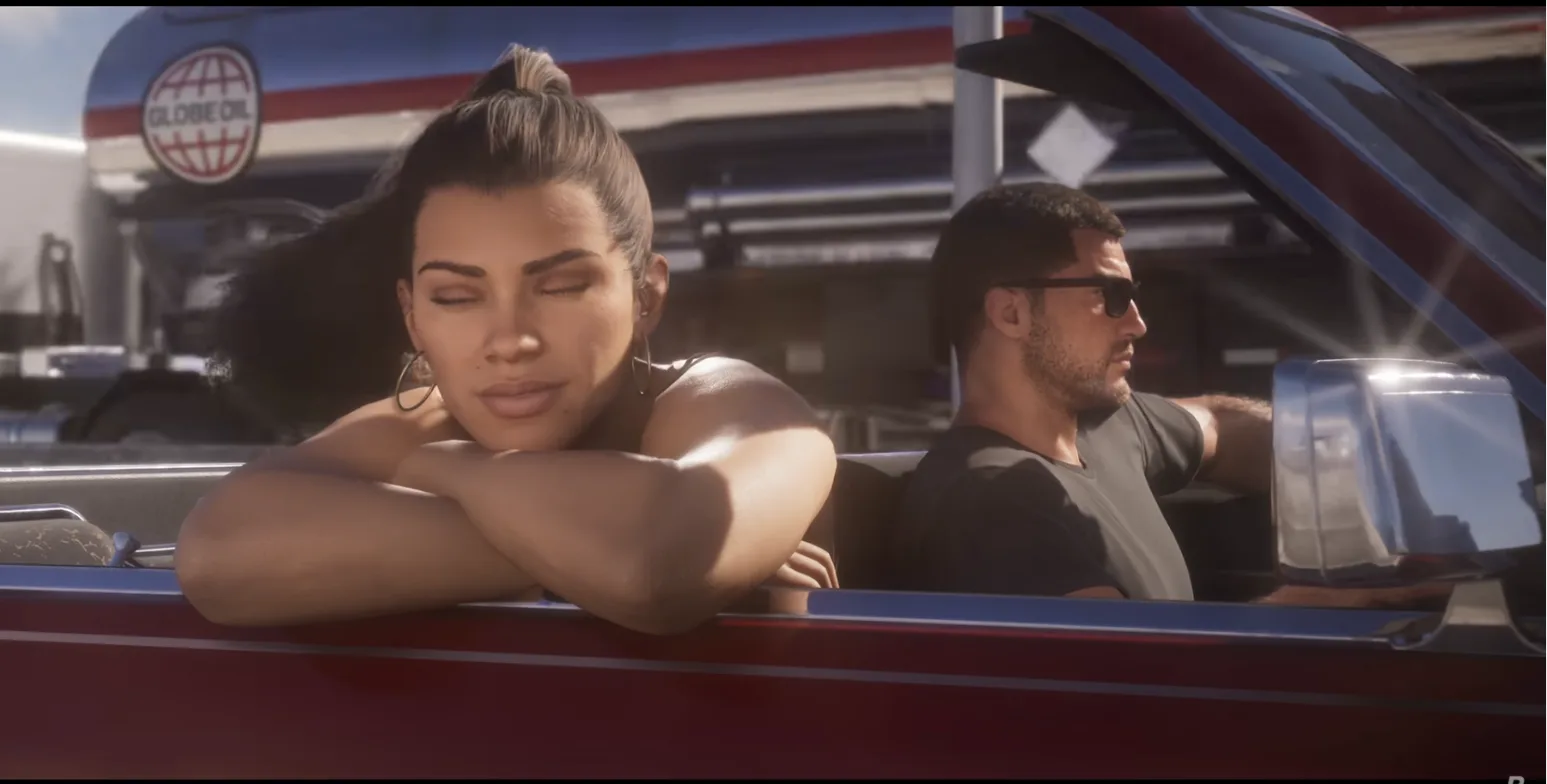 Lucia rests her arms on the car door with her eyes closed while Jason drives in sunglasses past a Globe Oil sign
