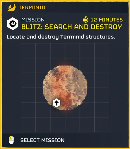 Galactic War mission card for Blitz: Search and Destroy against the Terminids, showing a 12 minute timer and a small round map