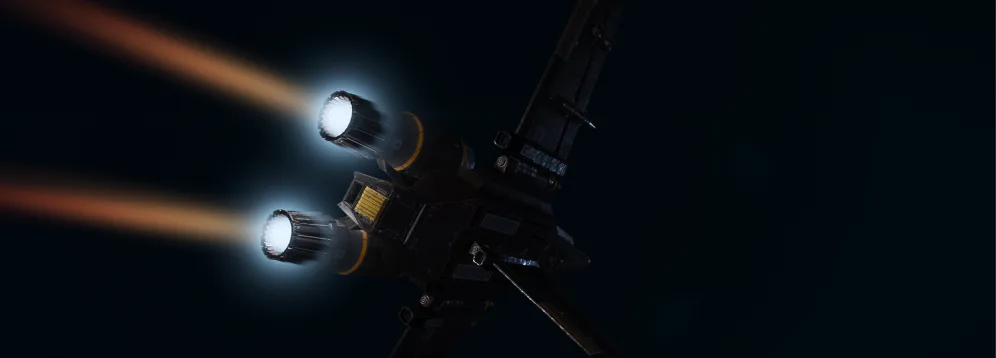 An Eagle fighter's twin engines firing in space, the Eagle Storm Tactical Action artwork
