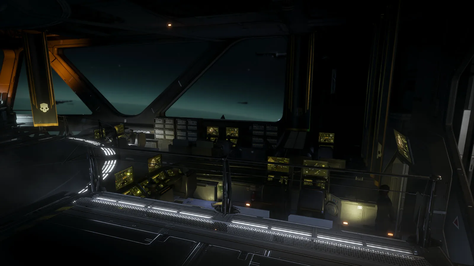 The Super Destroyer bridge after the Morale Augmentation upgrade, with consoles below a large window looking out into space