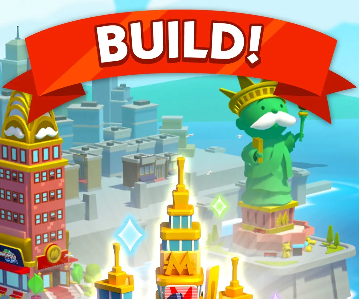 Monopoly GO landmarks being built on a board, from Scopely's App Store screenshots