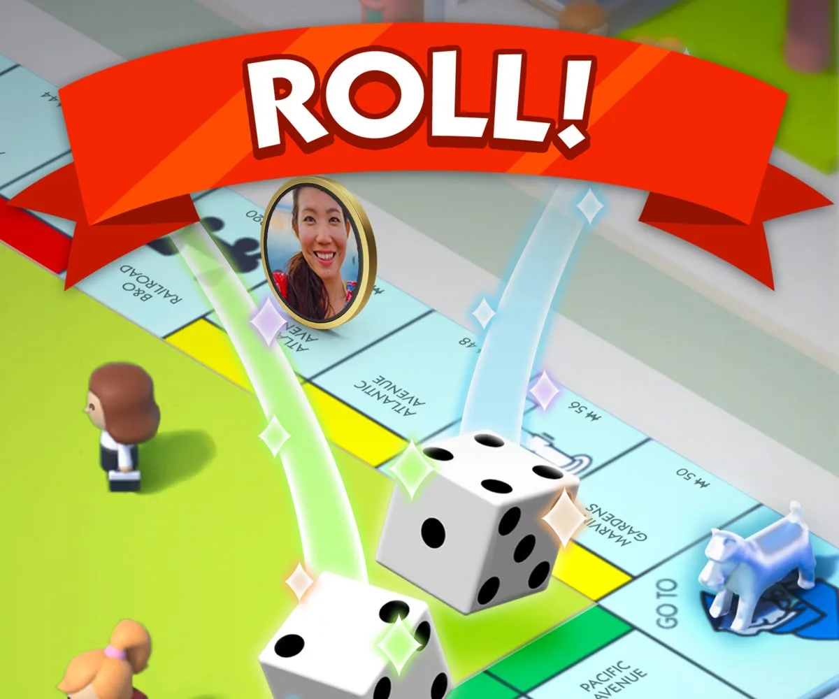 Monopoly GO board with two dice being rolled, from Scopely's App Store screenshots