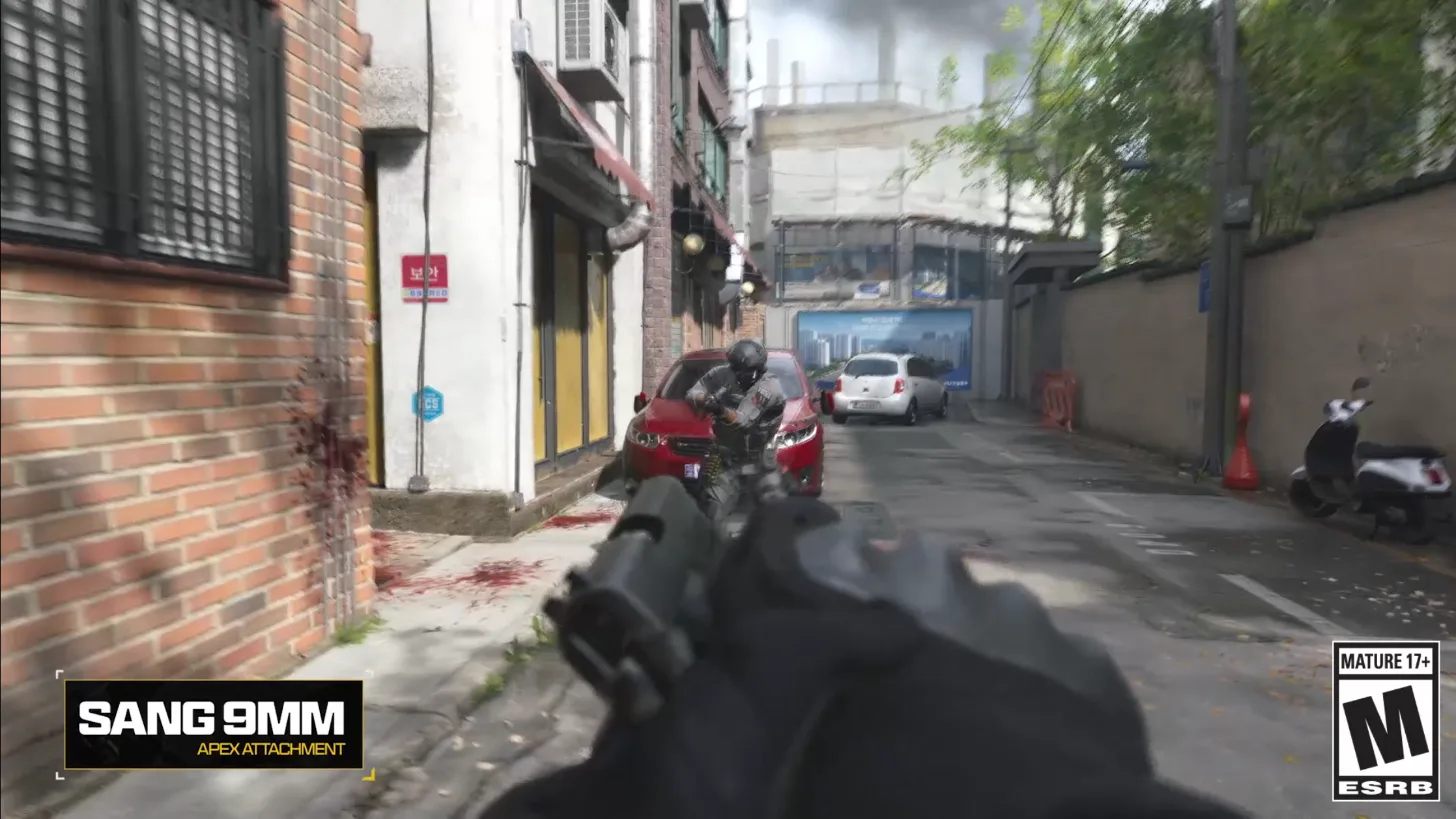 Sang 9mm with its Apex Attachment aimed down an alley at an enemy in MW4, with the Sang 9mm Apex Attachment name card on screen