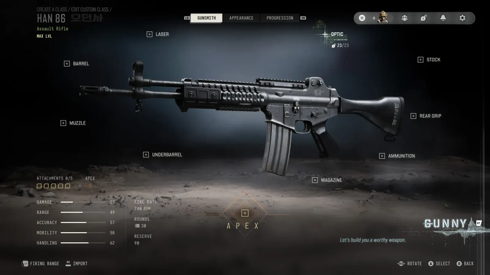 Modern Warfare 4 Gunsmith screen for the Han 86 with attachment slots for optic, laser, barrel, muzzle, underbarrel, rear grip, ammunition and magazine, plus weapon stats and an empty Apex slot