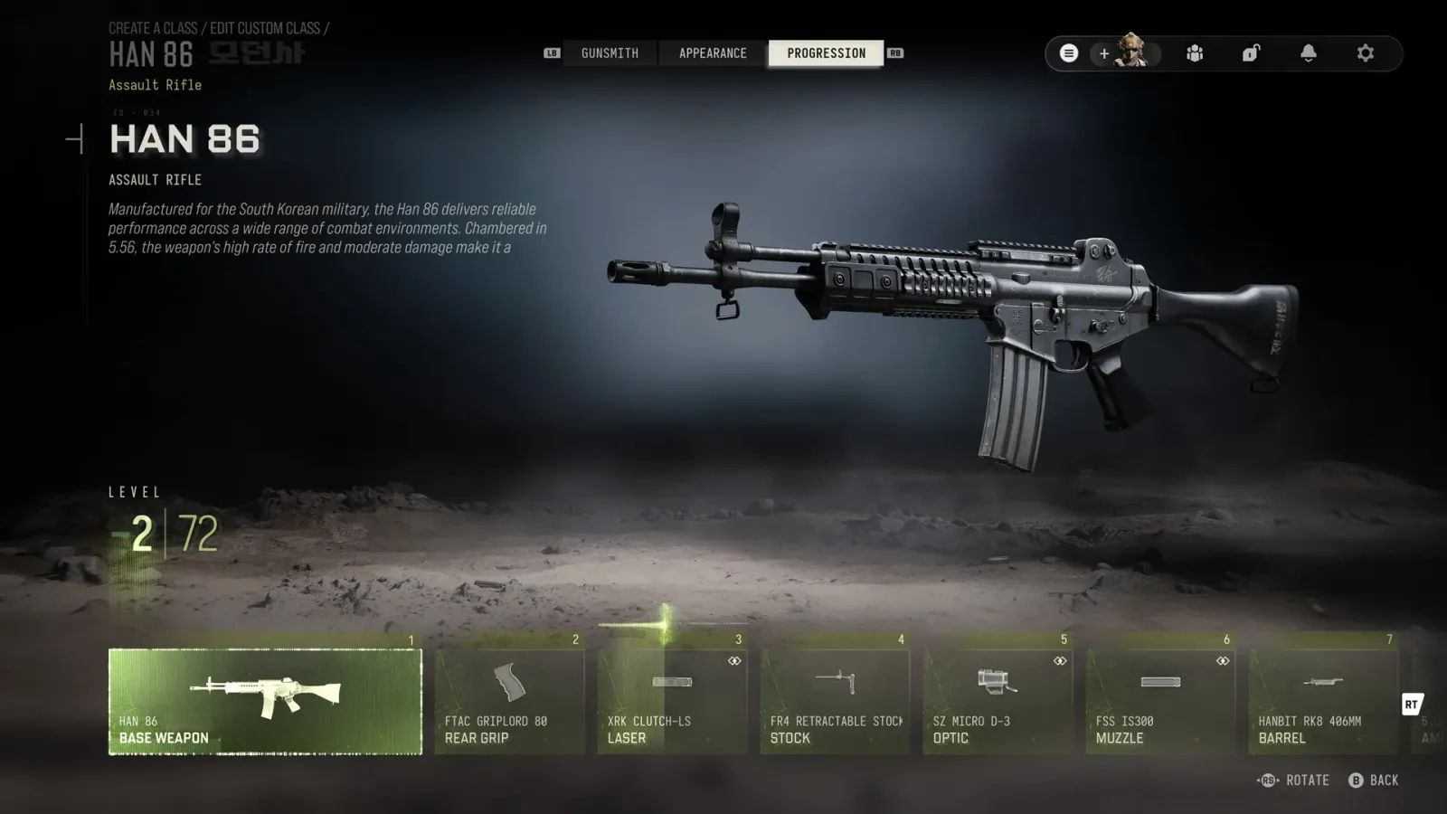 Modern Warfare 4 Gunsmith Progression tab for the Han 86 at weapon level 2 of 72, with a row of attachment unlocks such as a rear grip, laser, stock, optic, muzzle and barrel
