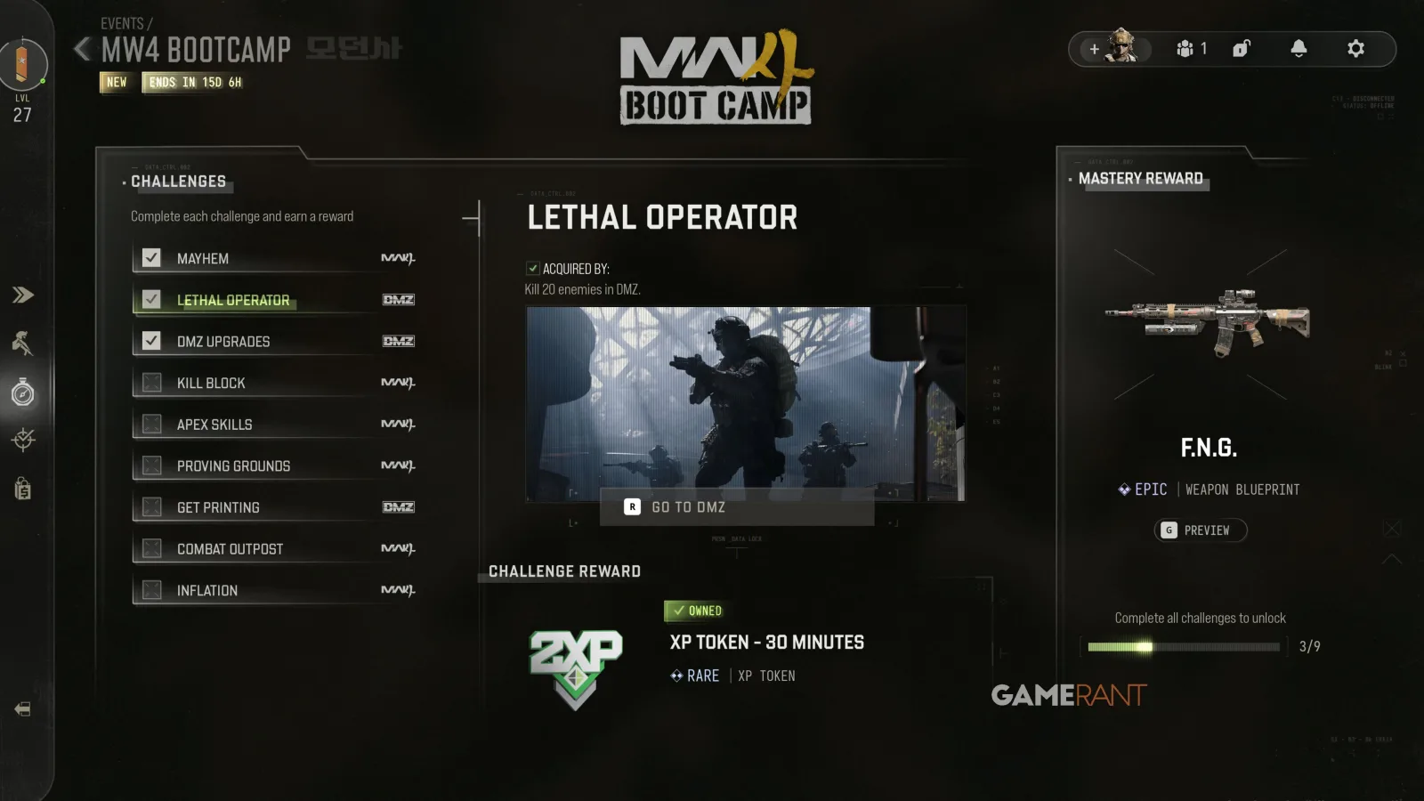 Modern Warfare 4 Boot Camp event screen listing nine challenges from Mayhem to Inflation, with Lethal Operator selected: Kill 20 enemies in DMZ for a 30-minute XP token, and the F.N.G. Epic weapon blueprint as the mastery reward