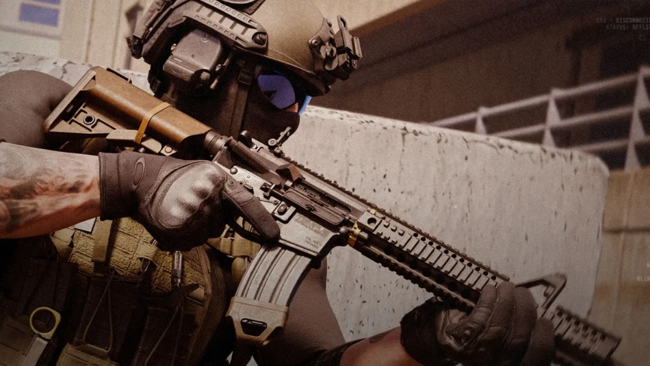 Modern Warfare 4 operator in a tan helmet and blue goggles aiming an assault rifle beside a concrete barrier