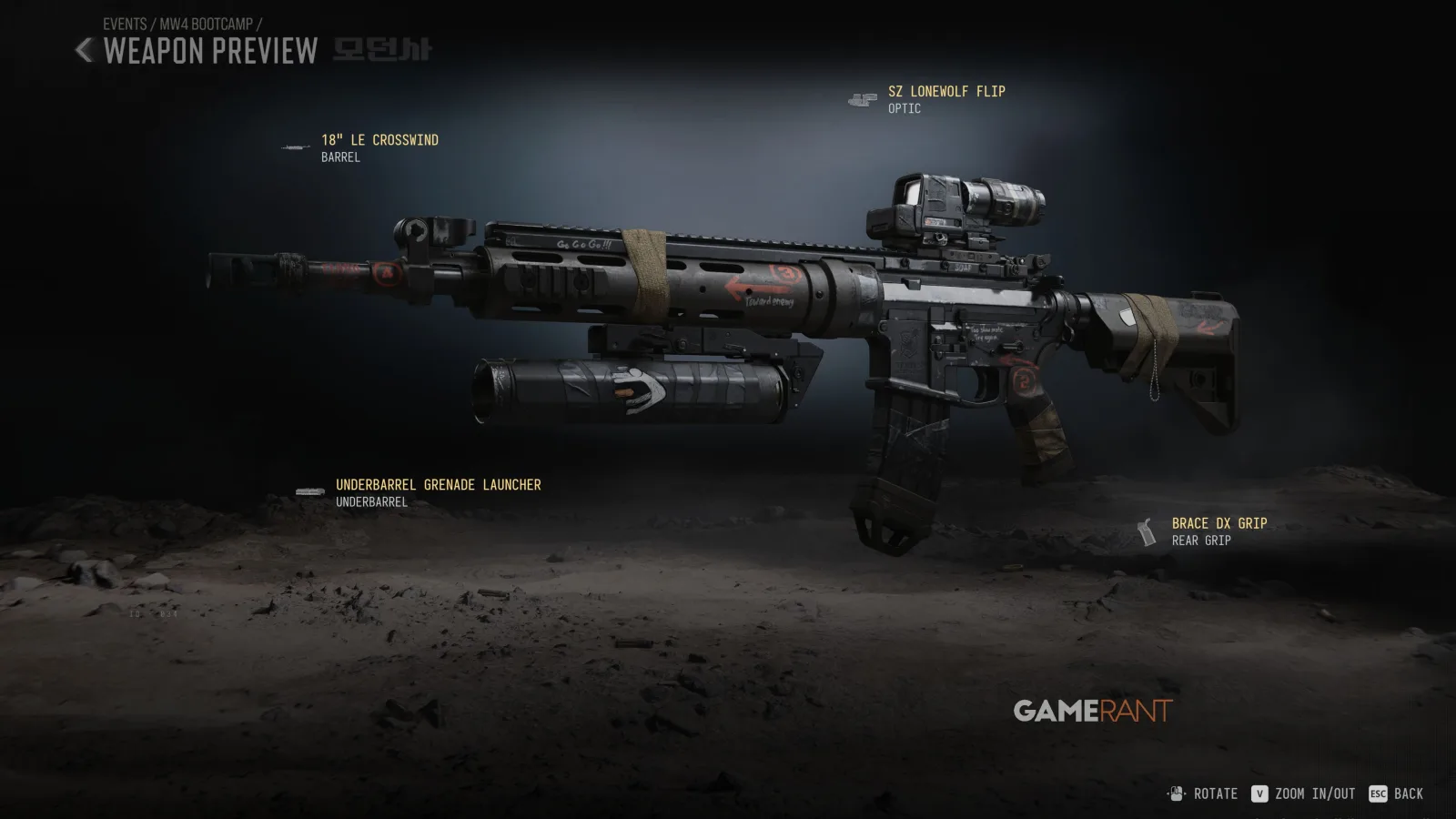 Modern Warfare 4 weapon preview of the F.N.G. blueprint for the M4, a dark rifle with tape and hand-drawn arrows, fitted with an 18 inch LE Crosswind barrel, SZ Lonewolf Flip optic, underbarrel grenade launcher and Brace DX Grip