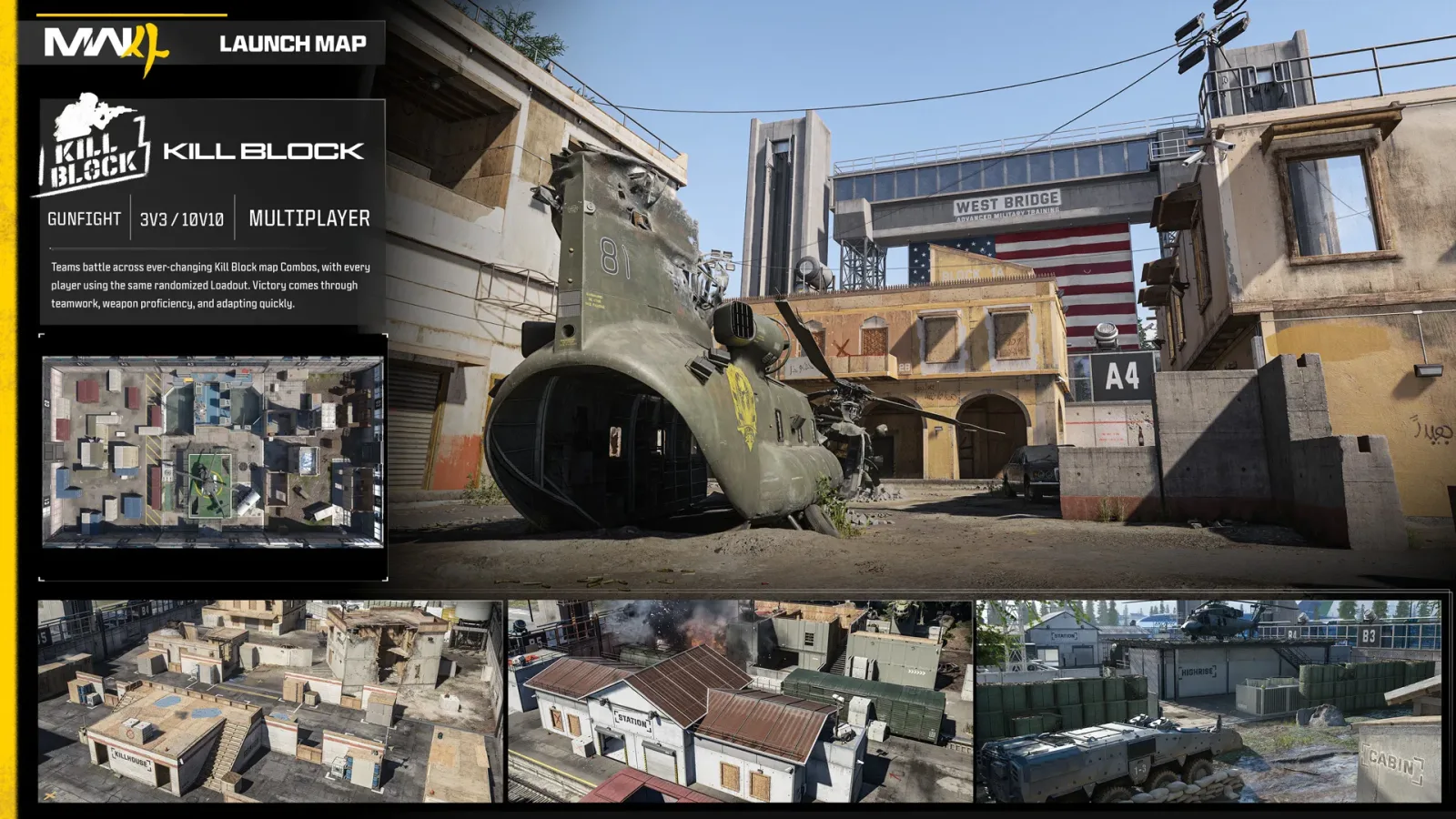 Official Modern Warfare 4 launch map card for Kill Block, a Gunfight map for 3v3 and 10v10 with randomized loadouts, showing a crashed helicopter in a training compound