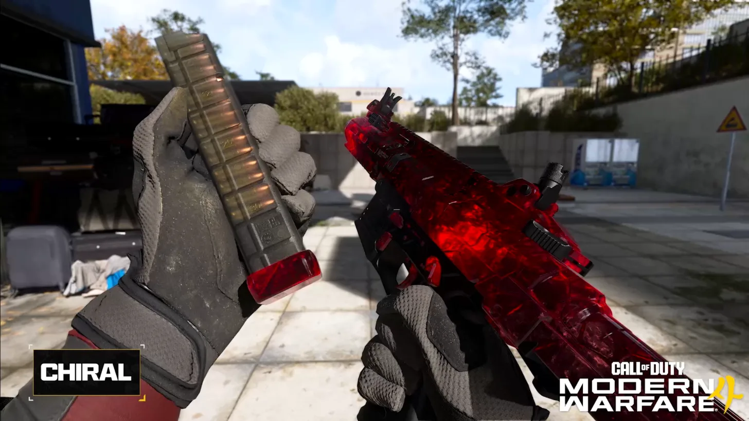 Chiral mastery camo on a submachine gun, a translucent crystal red finish, with its name card on screen