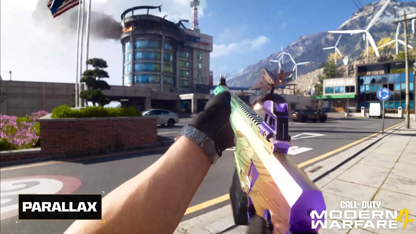 Parallax mastery camo on an assault rifle, a green, gold and purple wood-grain finish, with its name card on screen