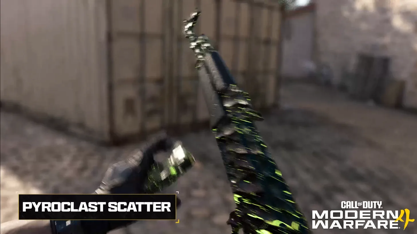 Pyroclast Scatter prestige camo on a rifle, black with neon green streaks, with its name card on screen