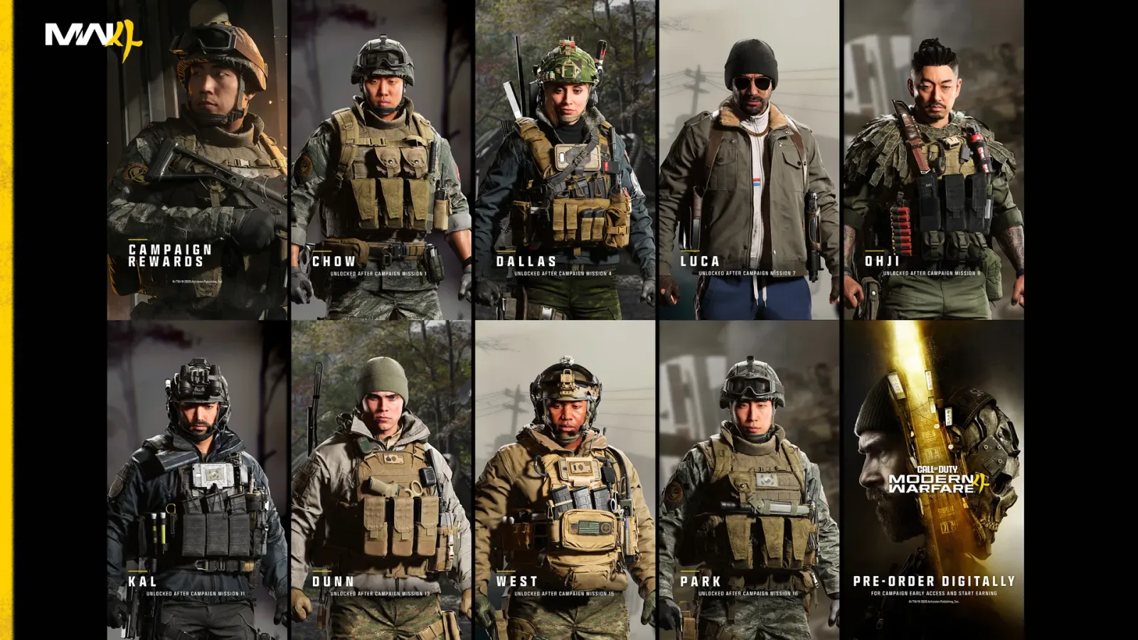 Activision graphic of the eight Modern Warfare 4 campaign reward Operators, each labelled with the campaign mission that unlocks it