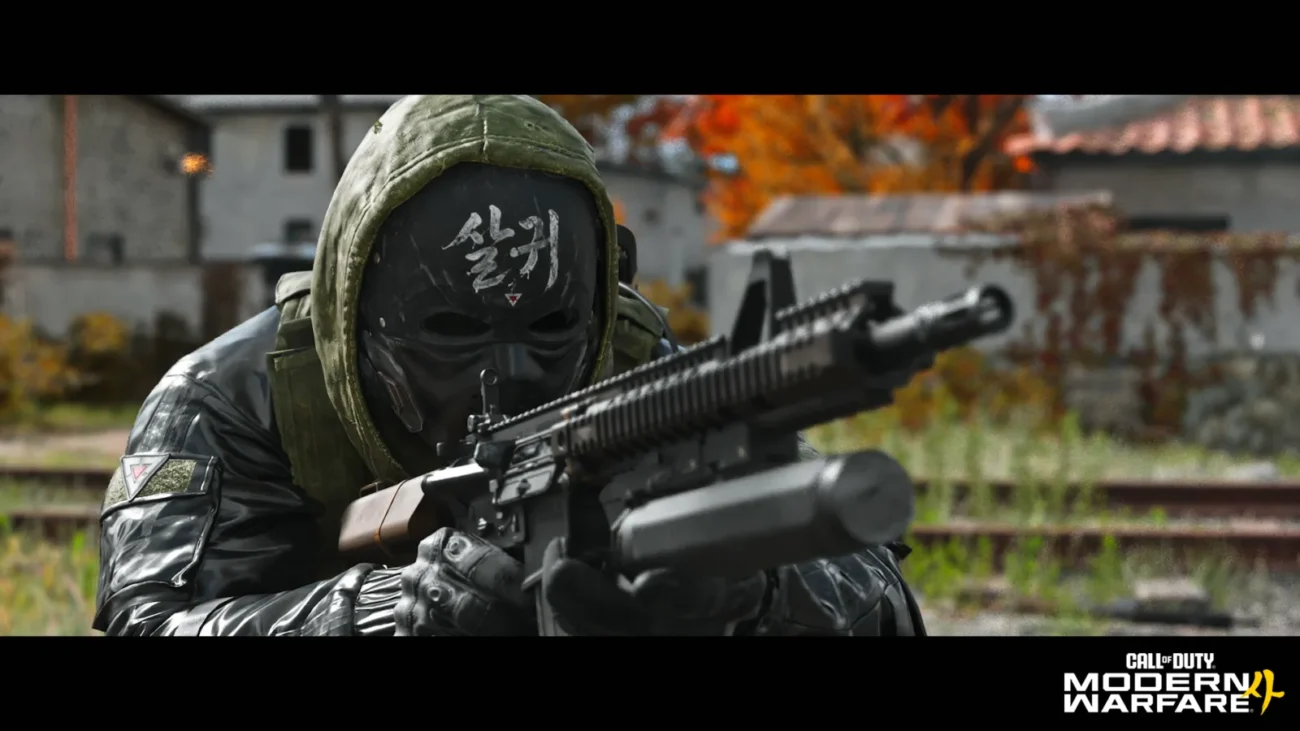 A Modern Warfare 4 operator in a hood and painted mask aiming a rifle