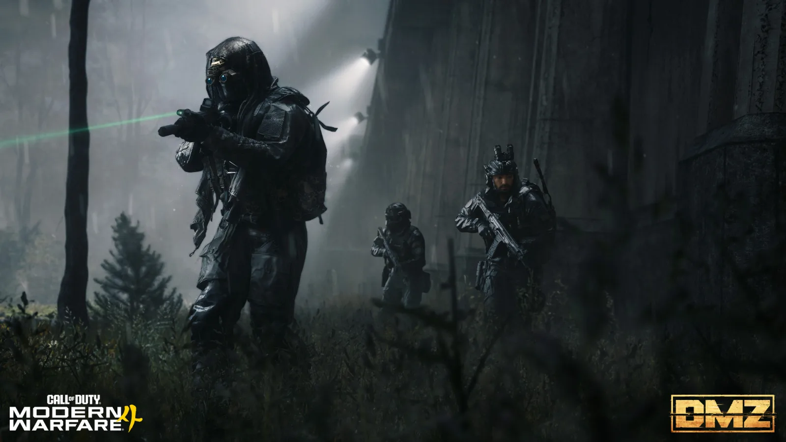 A three-person DMZ squad moving through foggy woodland beside a concrete wall in Hajin