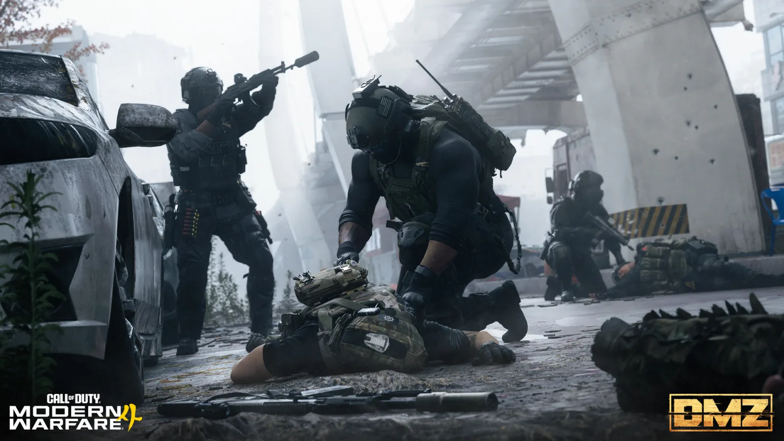 A DMZ Operator searching a downed enemy for loot under an overpass in Hajin