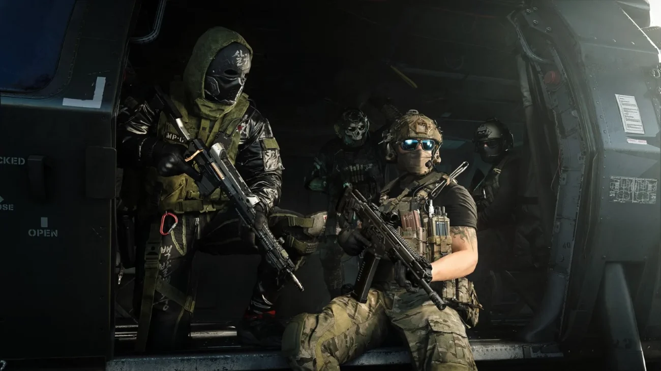 Modern Warfare 4 squad of operators seated inside a helicopter cabin before deployment