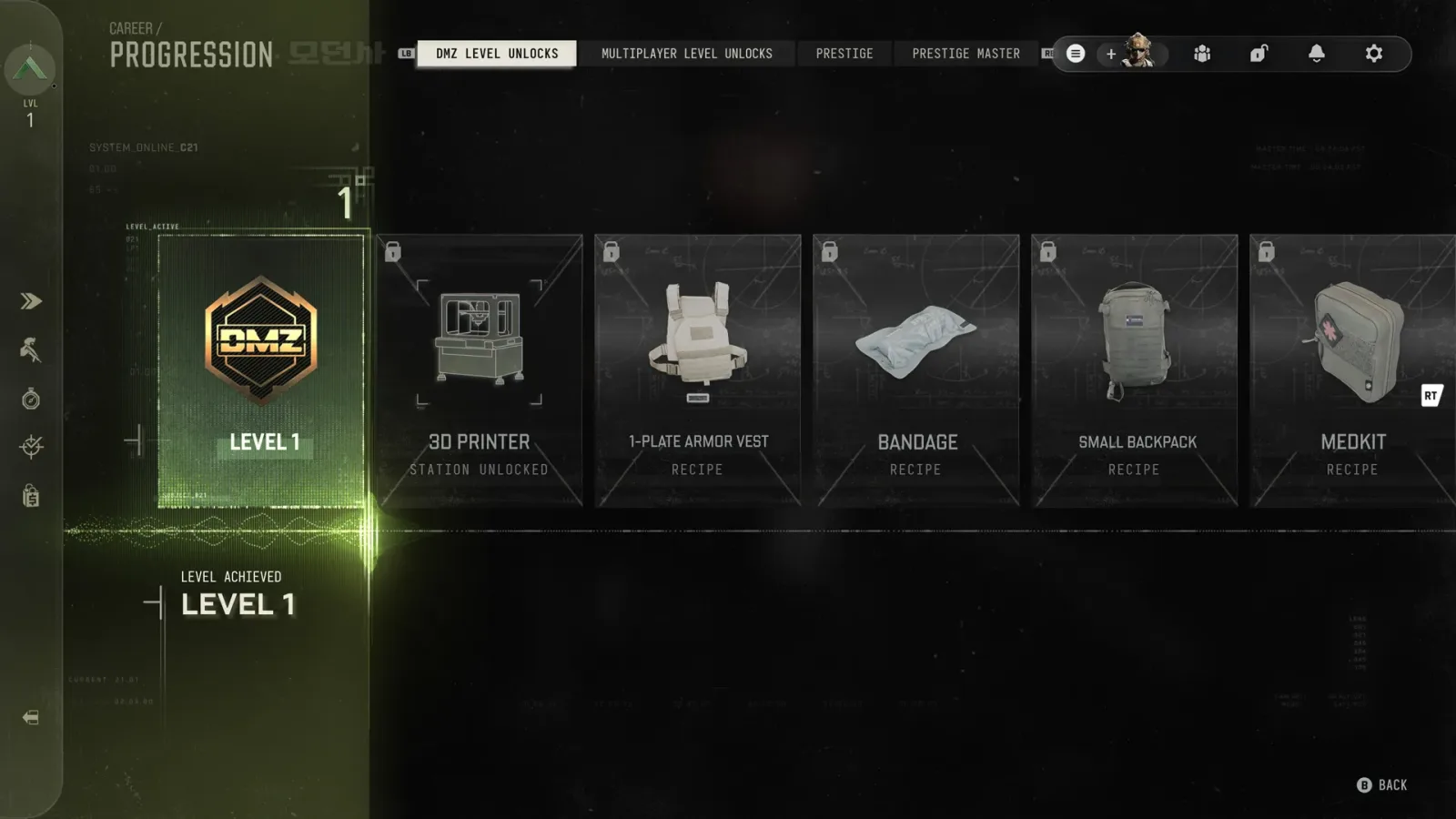 Modern Warfare 4 DMZ Level Unlocks screen at Level 1 showing the 3D Printer station and recipes for a 1-Plate Armor Vest, Bandage, Small Backpack and Medkit