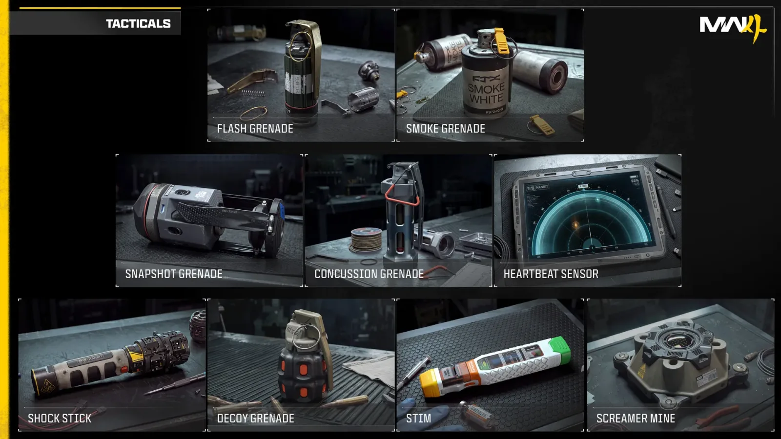 Official MW4 chart of nine Tacticals including Flash Grenade, Heartbeat Sensor, Shock Stick, Stim and Screamer Mine