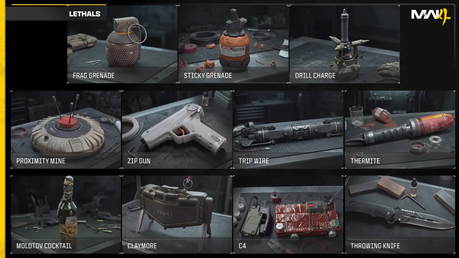 Official MW4 chart of 11 Lethals including Frag Grenade, Drill Charge, Zip Gun, Thermite, Claymore, C4 and Throwing Knife