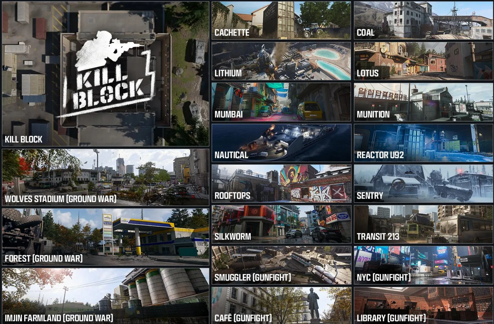 MW4 launch map tiles: Kill Block, Wolves Stadium, Forest and Imjin Farmland for Ground War, plus Cachette, Coal, Lithium, Lotus, Mumbai, Munition, Nautical, Reactor U92, Rooftops, Sentry, Silkworm, Transit 213 and four Gunfight maps