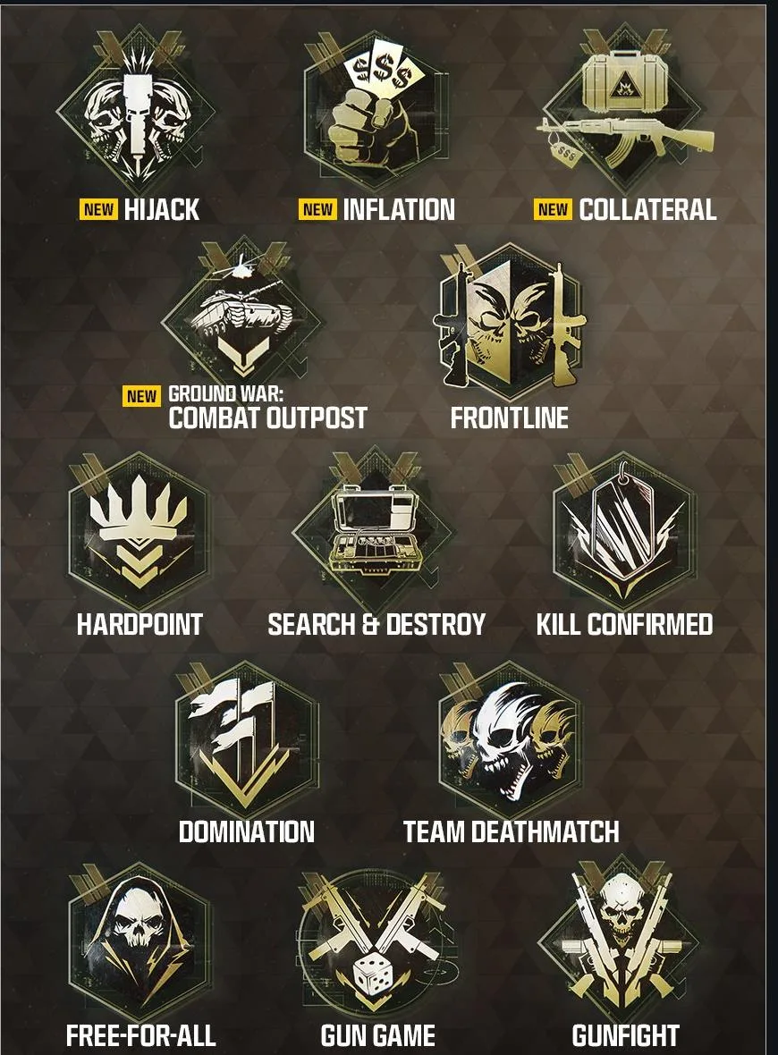 MW4 launch mode icons: Hijack, Inflation and Collateral marked New, Ground War: Combat Outpost marked New, Frontline, Hardpoint, Search and Destroy, Kill Confirmed, Domination, Team Deathmatch, Free-for-All, Gun Game and Gunfight