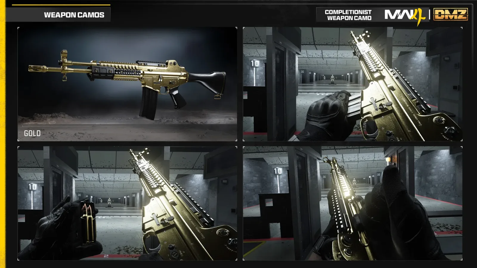 Official Modern Warfare 4 preview of the Gold completionist camo on an assault rifle, with first-person views at a firing range