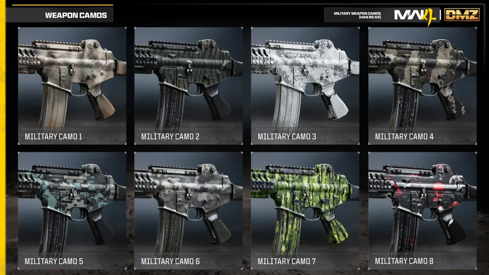 Official Modern Warfare 4 graphic of the eight Military Camos on the Han 86 assault rifle, labelled Military Camo 1 to Military Camo 8, from tan and green patterns to white, digital, bright green and black-red designs