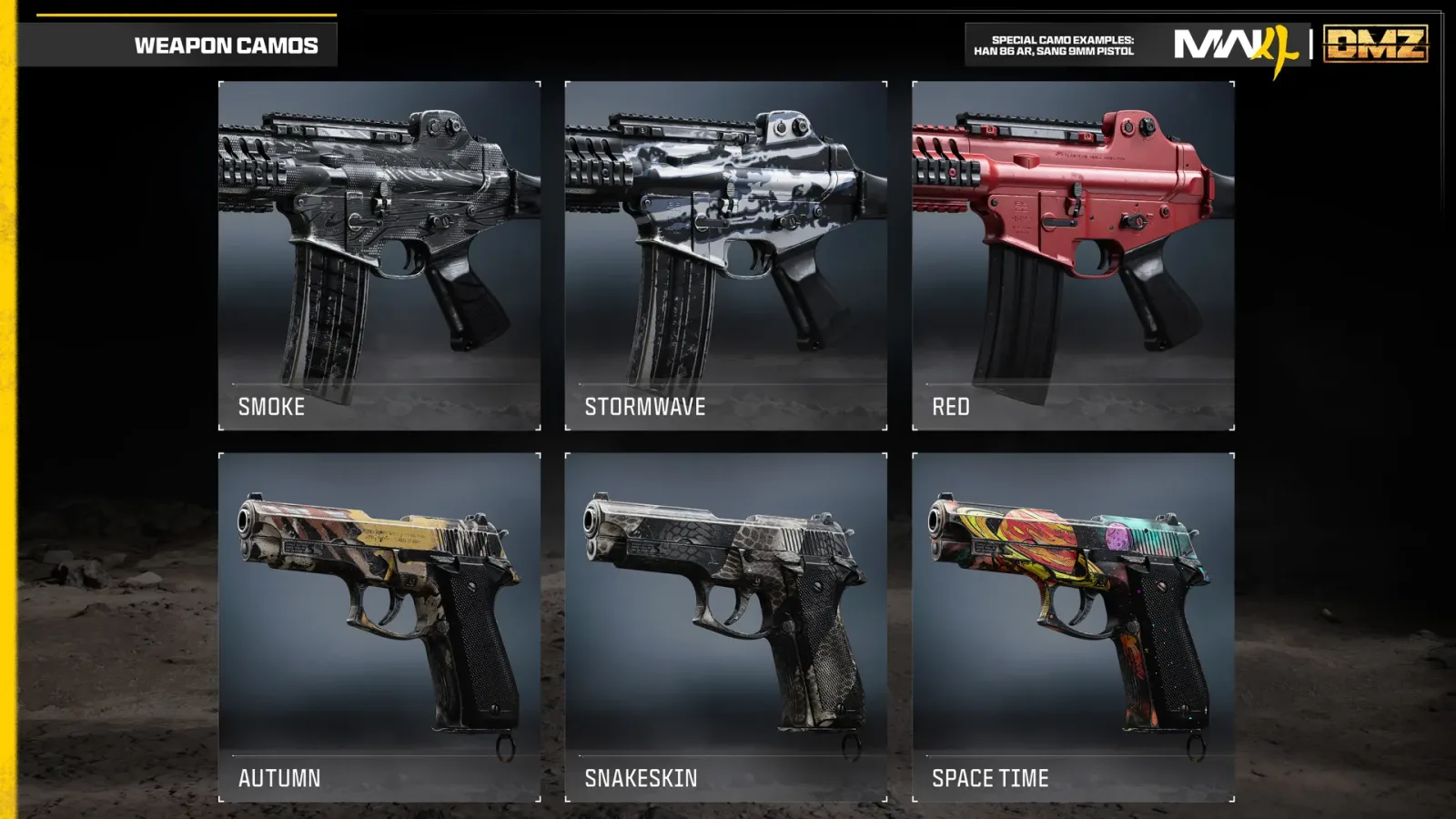 Official Modern Warfare 4 graphic of six Special Camos: Smoke, Stormwave and Red on assault rifles, and Autumn, Snakeskin and Space Time on pistols