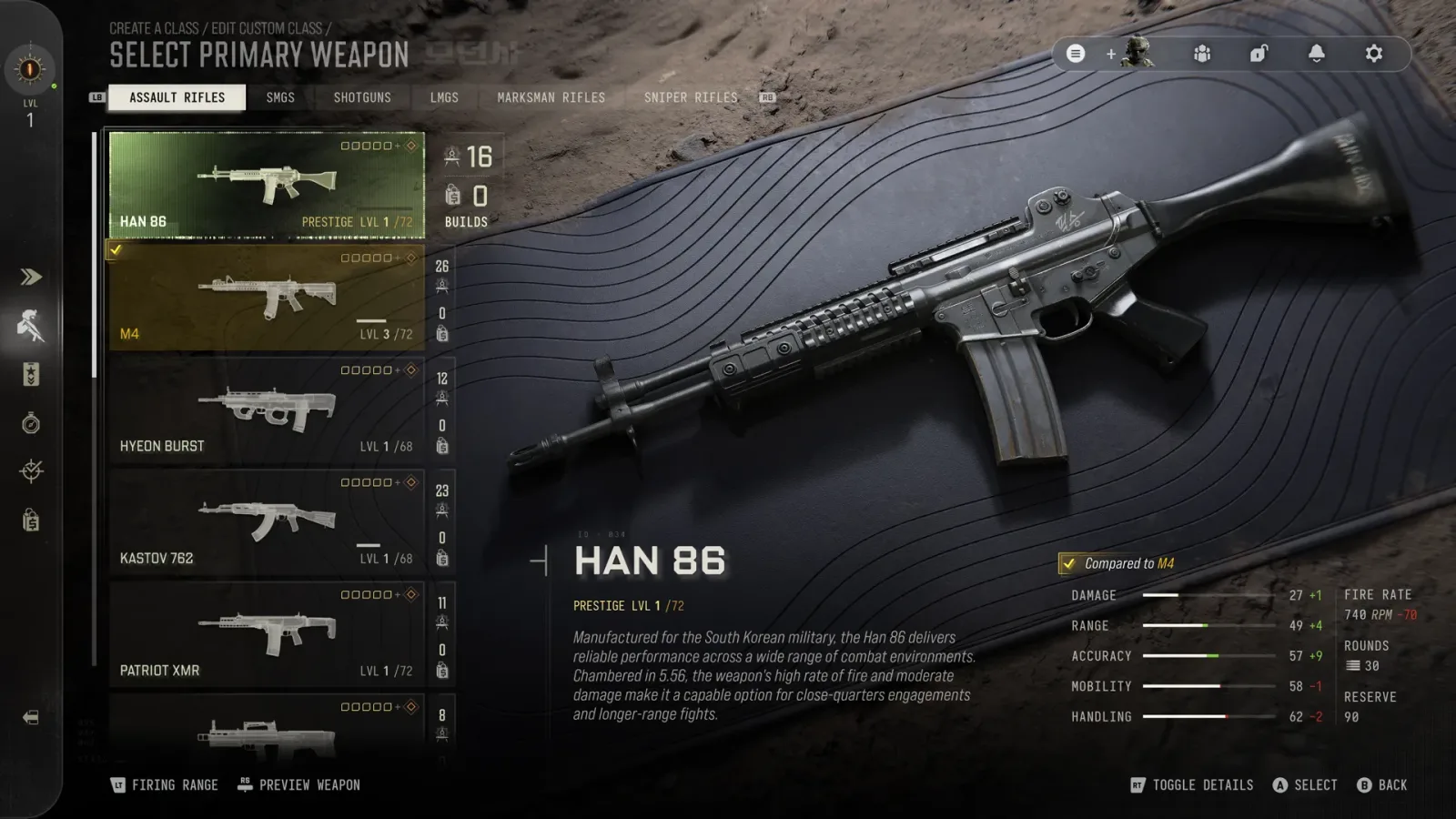 Modern Warfare 4 Select Primary Weapon screen with assault rifles listed and the Han 86 selected, showing its level and stats