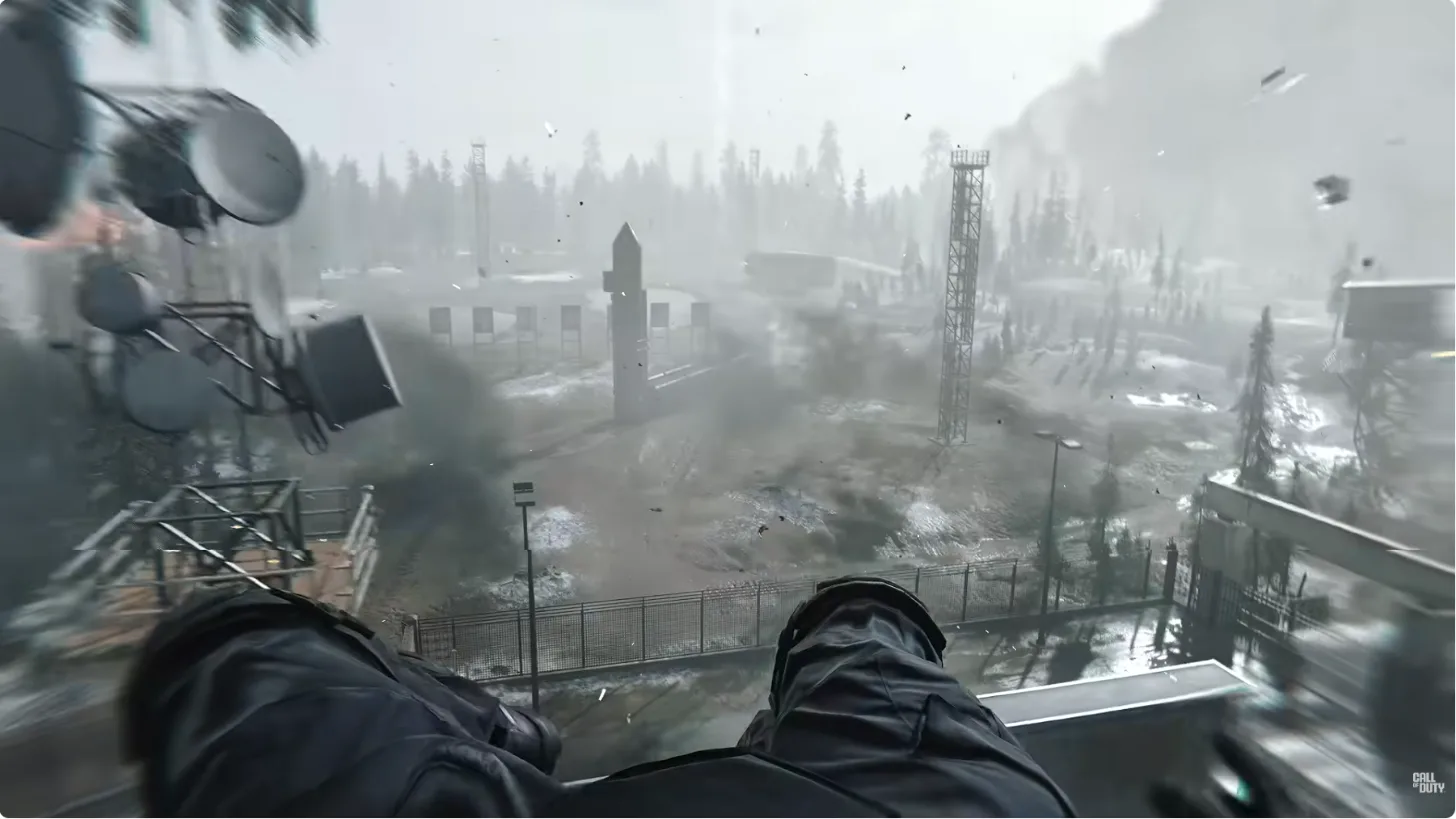 First-person view of a Modern Warfare 4 player being lifted above a snowy base during the Tactical Nuke cutscene